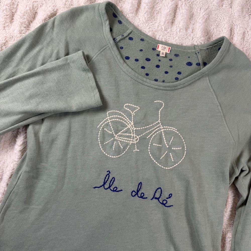Anthropologie t.la Sage Green Embroidered Bicycle Ile de Re Sweatshirt Medium